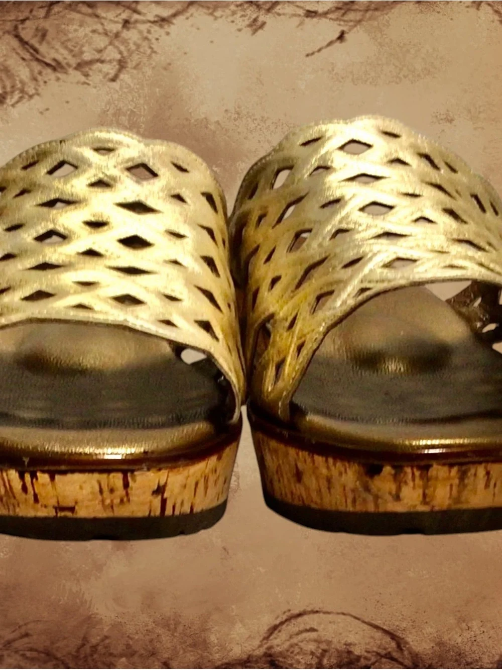 VALLEVERDE ITALIAN METALLIC Gold Leather CorkWedge SlideSandal (10)COMFY! 30.00!